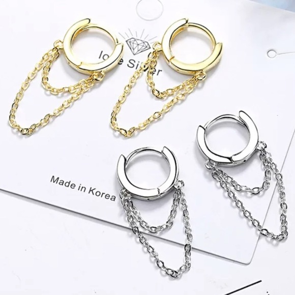 STERLING SILVER HOOP CHAIN DROP MINIMALIST EARRINGS - Picture 3 of 5